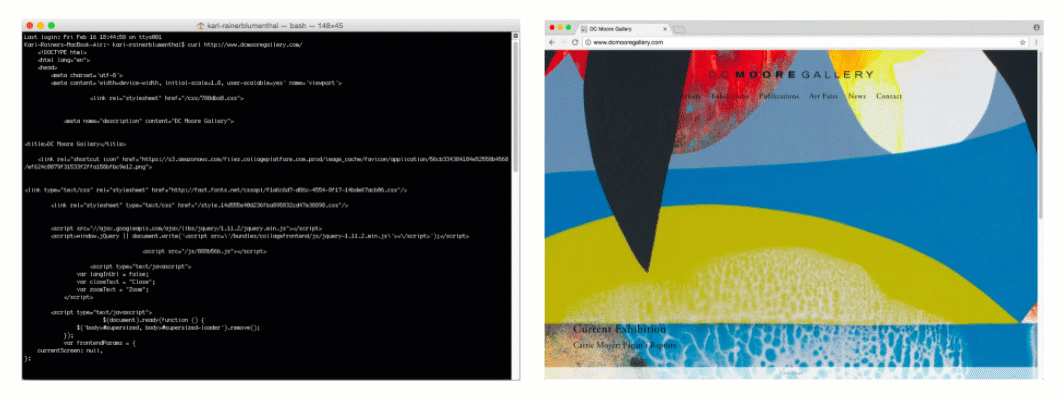 Screenshots of the DC Moore Gallery website's code as it renders in a command line terminal and a web browser