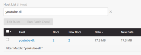 Screen capture of an Archive-It crawl's Hosts report, filtered for youtube-dl