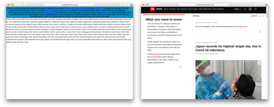 Screenshots of a CNN.com news feed collected by the National Library of Medicine as it replays in the legacy and new Wayback replay environments