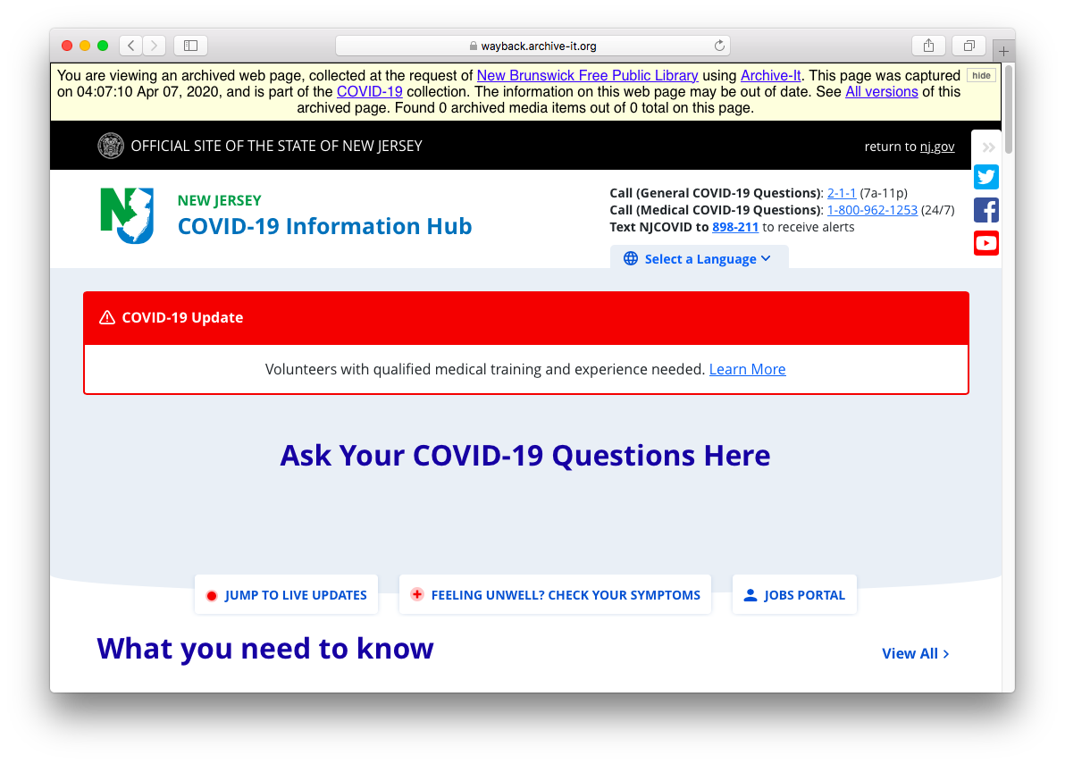 Screenshot of an archived version of the New Jersey COVI-19 Information Hub in the New Brunswick Free Public Library’s collection