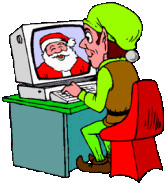 GIF image with an elf on the computer and Santa on the monitor