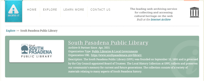 Screenshot of the South Pasadena Public Library homepage on Archive-It.