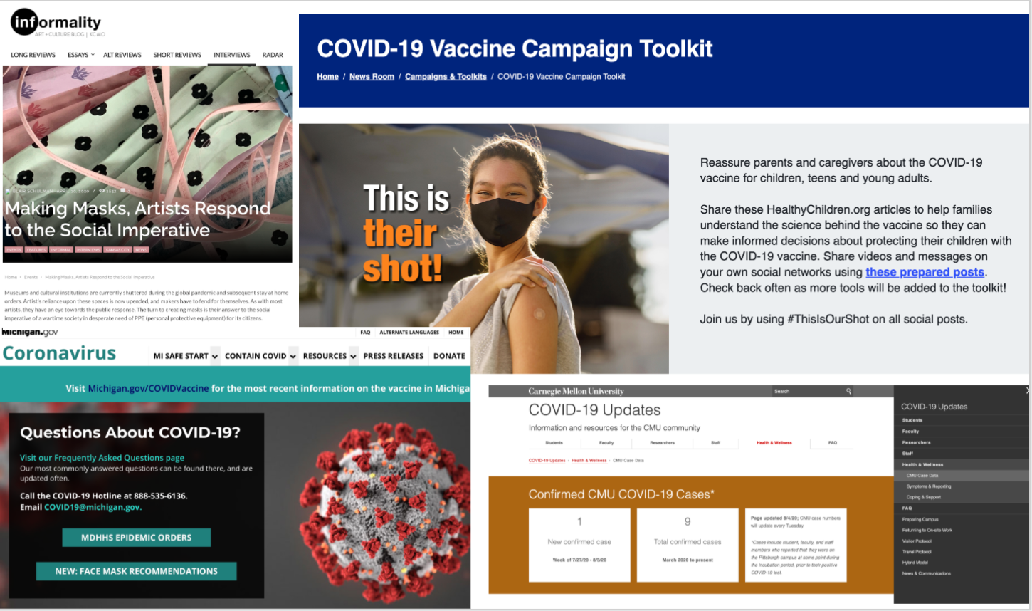 Collage of screenshots of archived COVID-19 websites