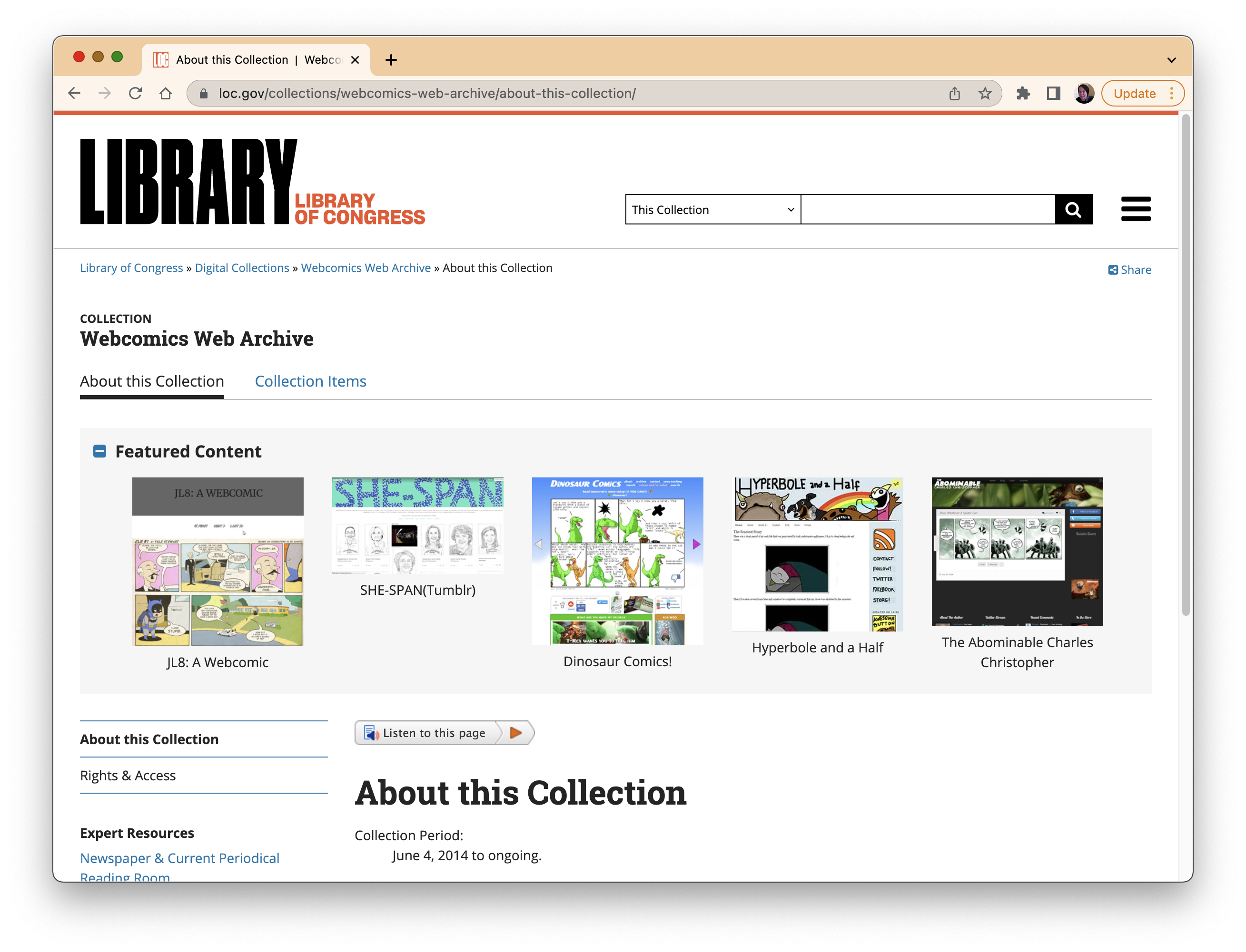 Screenshot of the Library of Congress' Web Comics web archive