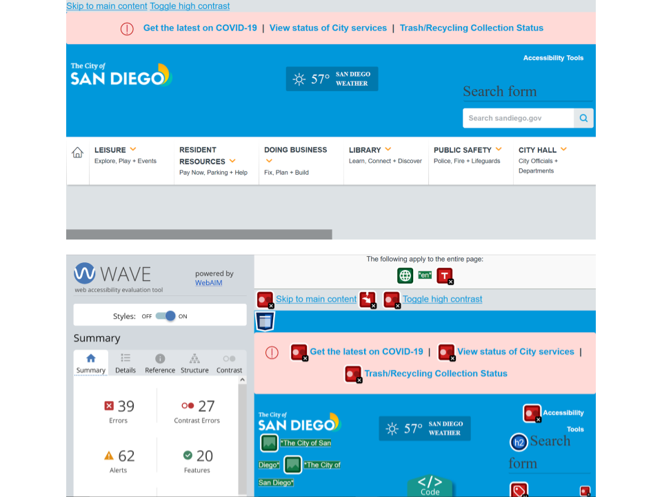 Comparison of the Wayback page for the City of San Diego from 2021 on top with its same version analyzed by WAVE on bottom
