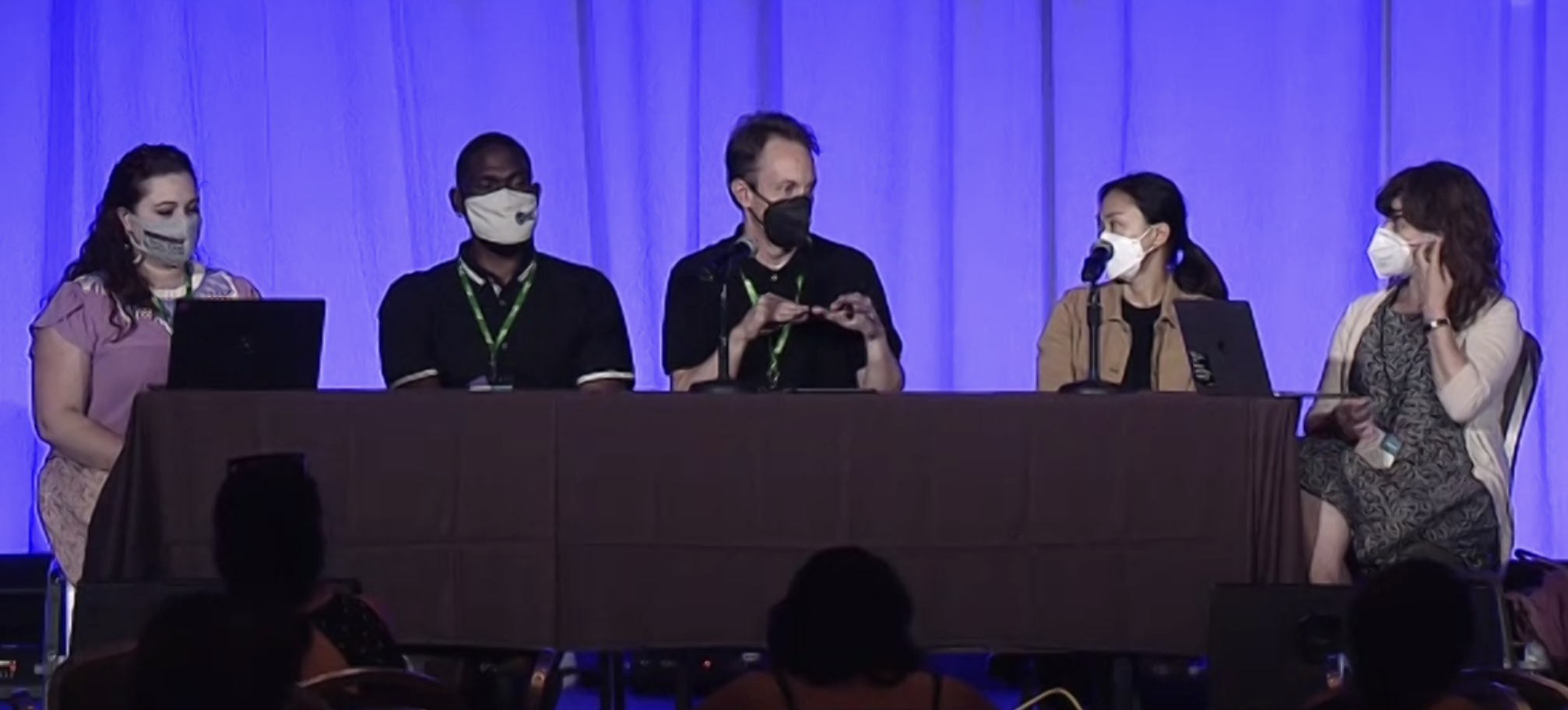 Screenshot of five people sitting on stage at a table.