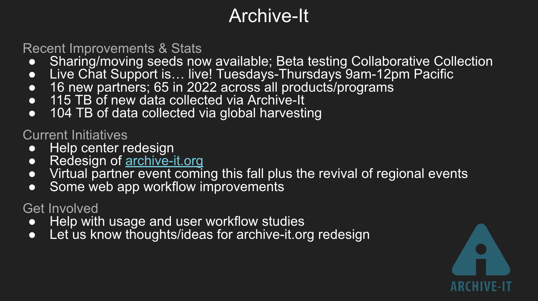Screenshot of a slide about Archive-It from Jefferson Bailey’s presentation about Internet Archive service and community developments