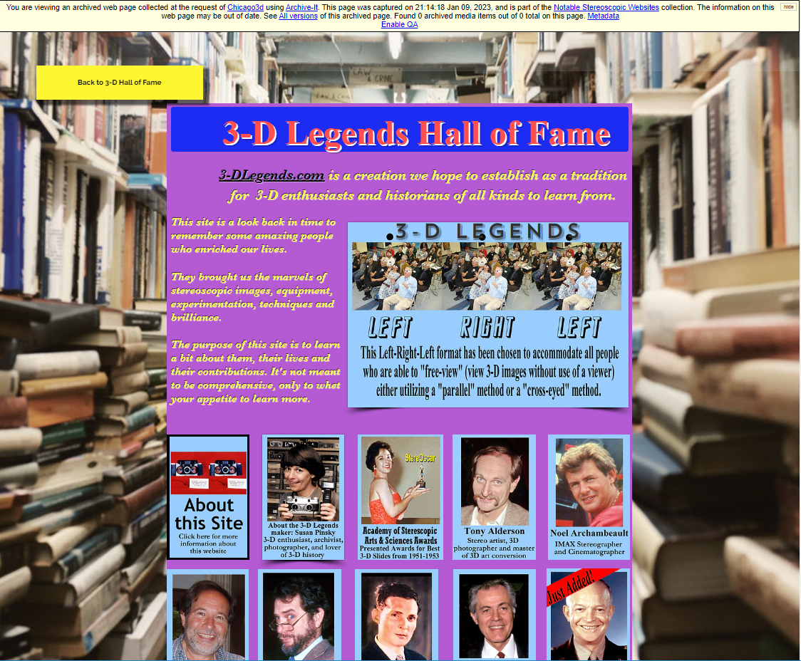 Screen shot of 3-D Legends Hall of Fame archived web page with 3 images of Left, Right, and Center of a man wearing 3D glasses and then a lady legend on left, and 2 men in center and right