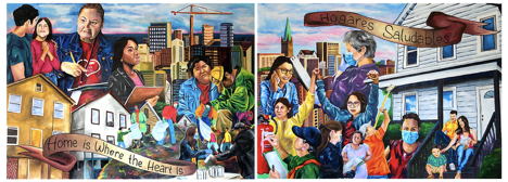 2 paintings with many people, houses, and city skylines jumbled together.