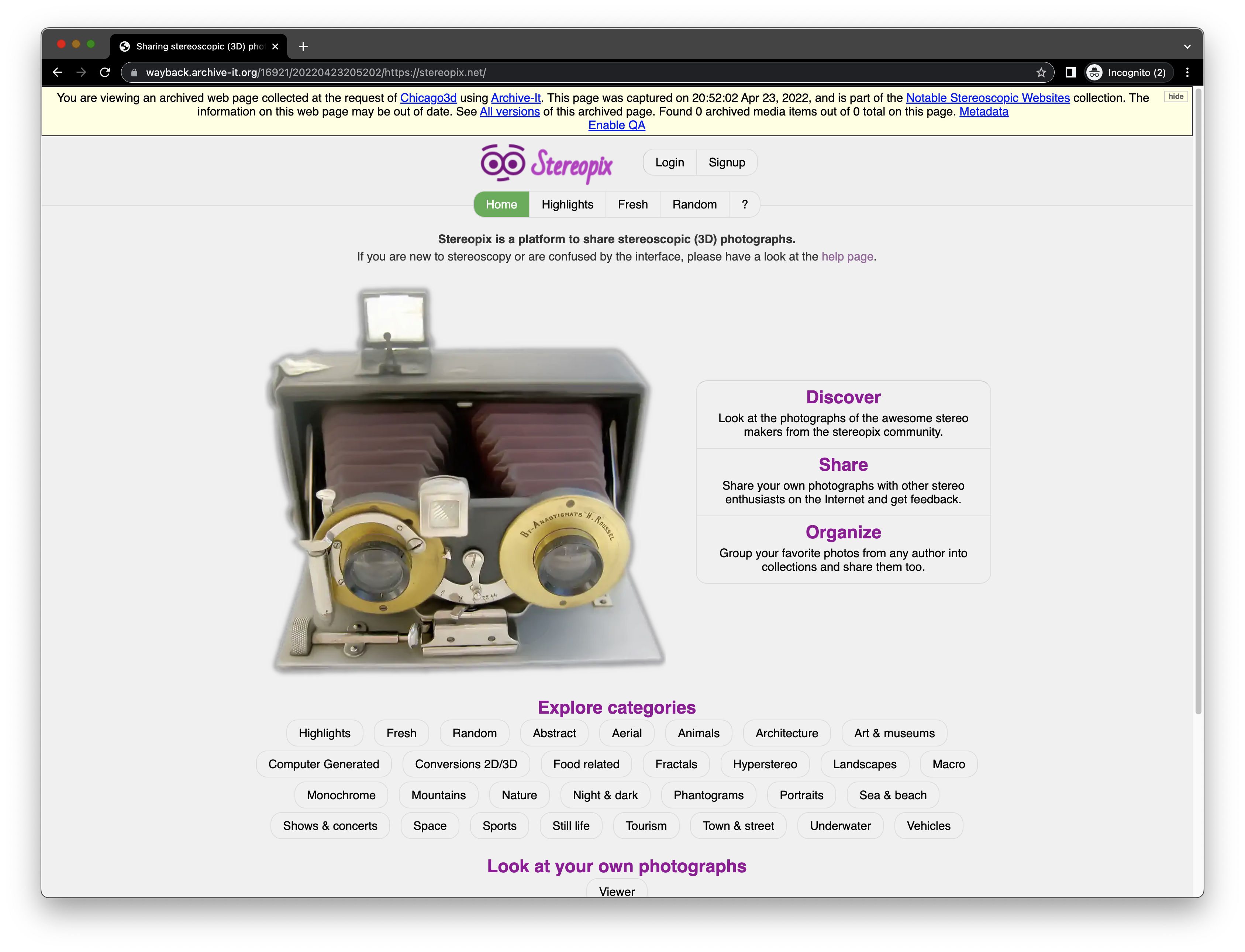 Screen shot of Stereopix archived web page with a 3D camera