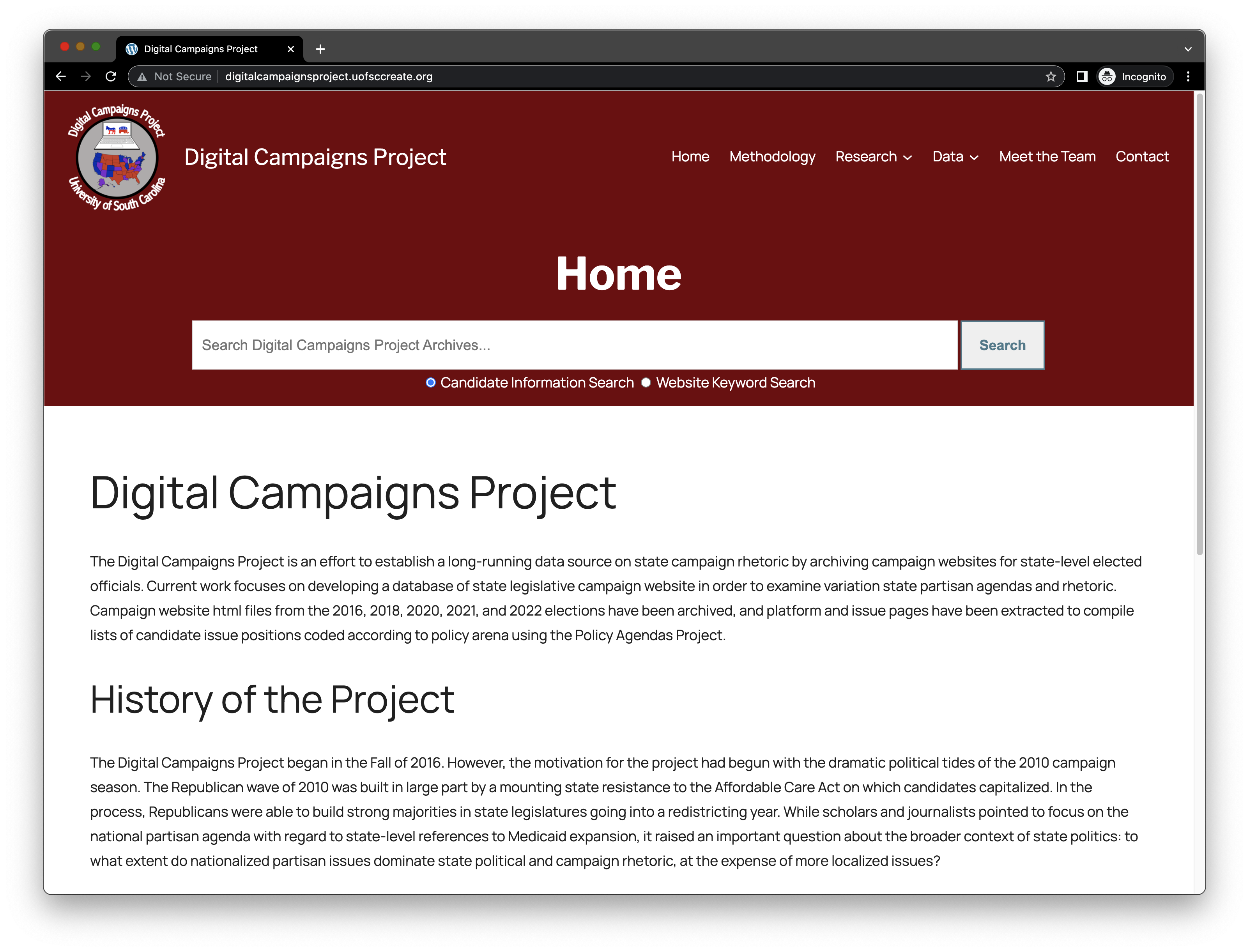 Digital Campaigns Project homepage