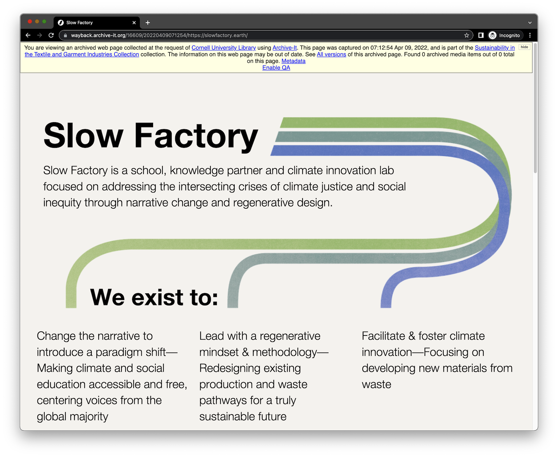 Screen shot of the Slow Factory website