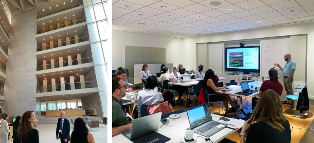 Photographs of a tour group at the National Gallery of Art Library (left) and workshop attendees at work in the classroom (right)