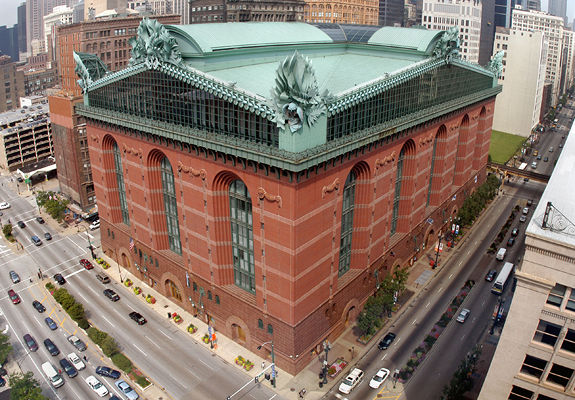 Aerial photograph of the Harold Washington Library Center in Chicago, Illinois
