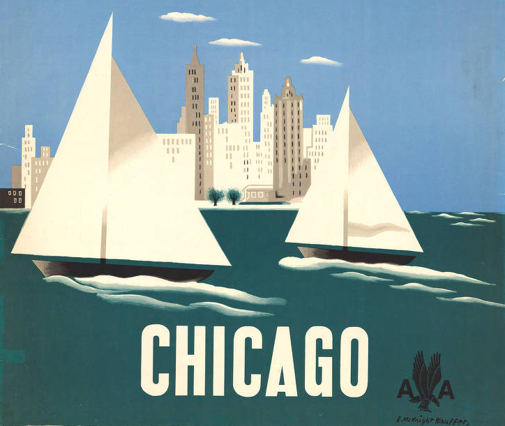 Detail of American Airlines travel poster showing sail boats on Lake Michigan in the foreground and the Chicago skyline in the background
